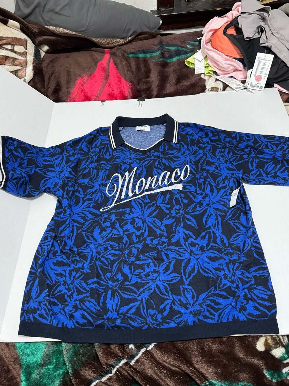 Old Navy Monaco Knit Polo Size XXL Black Blue Floral Short Sleeve Shirt